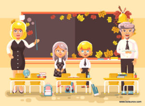 Stock vector illustration back to school cartoon characters schoolboy schoolgirls pupils apprentices teachers studying in classroom sitting at staple with textbooks on background blackboard flat style.